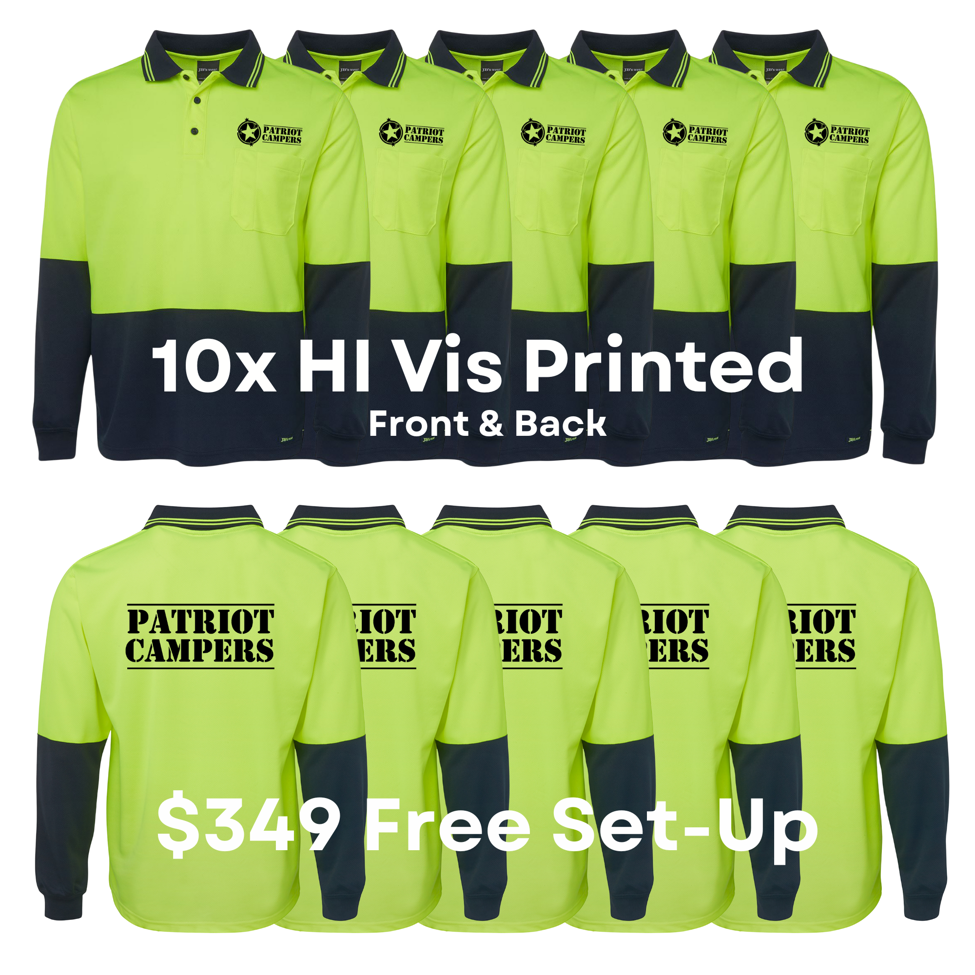 10x Pack JB's Hi Vis Long Sleeve Polo Including Front & Back Logo