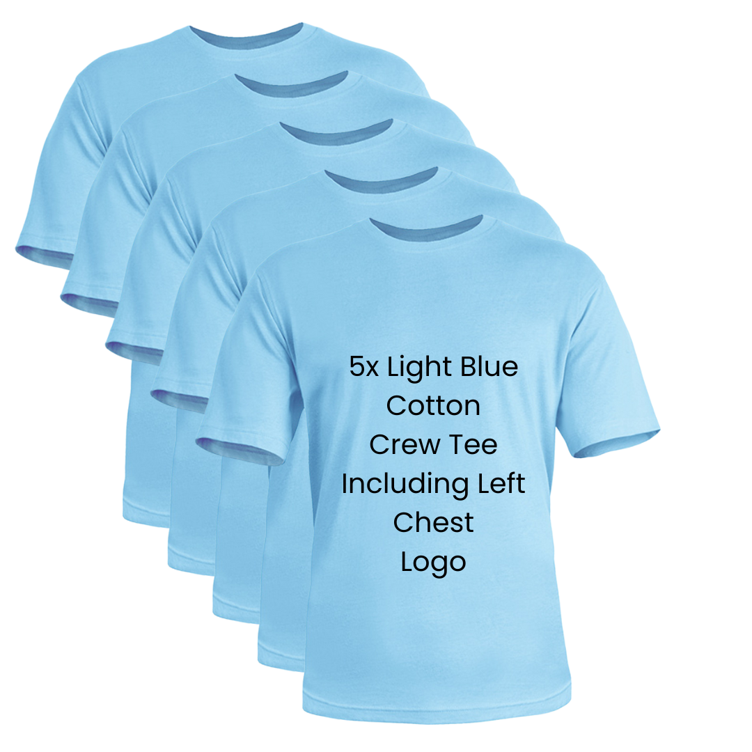 5x Light Blue Cotton Crew Tee with Logo